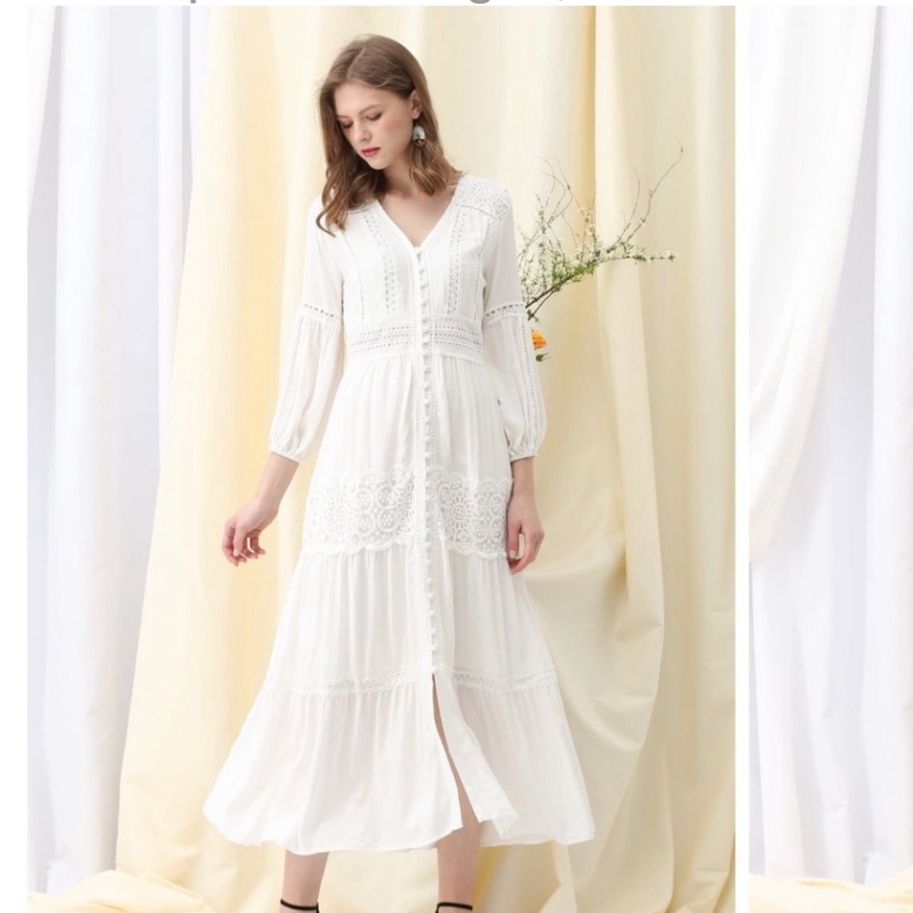 Yichengsnlin “BUTTON DOWN WHITE CROCHET EMBROIDERED” BOHO MAXI DRESS IN WHITE S